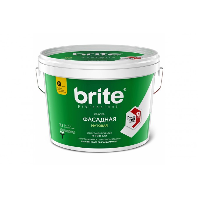 Краска BRITE PROFESSIONAL фасадная белая матовая база А, ведро 2,7 л O02234